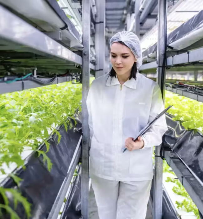 Una mujer en un vivero con un ordenador en la mano