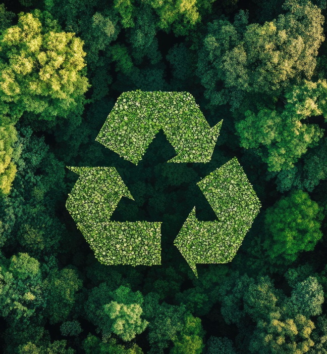 Tres flechas verde marcan un círculo sobe un bosque