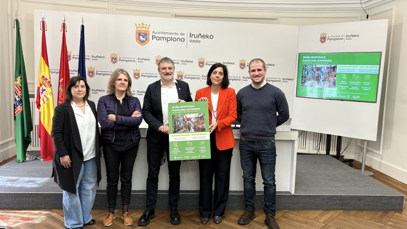 Participantes de CEIN y el Ayuntamiento de Pamplona en la rueda de prensa de presentación del programa Pamplona Emprende 2026