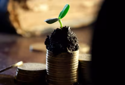 Un montón de monedas con tierra encima de la que surge el brote de una planta